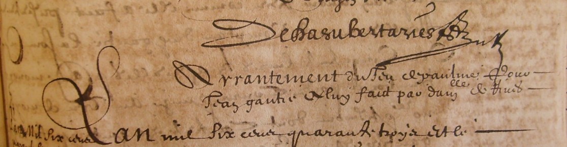 ADH, 2E 14/204, f579r, registre de Me Jean Delasubertaries, notaire  Bziers, 1643, arrentement de jeu de paume  Bziers